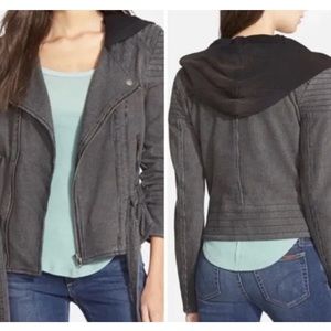 Free People M black gray textured moto jacket hood zipper tie cotton soft